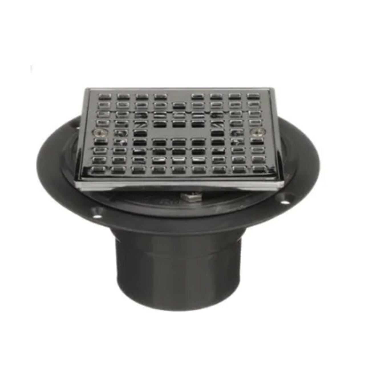 The Go Build 4-3/16 in. PVC Shower Drain features a chrome square cover and round base, offering efficient drainage for bathrooms and wet areas.